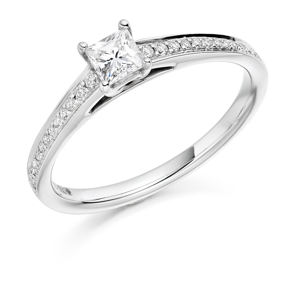 Pavé-Shouldered Solitaire Princess Cut Engagement Ring 0.48ct in White Gold