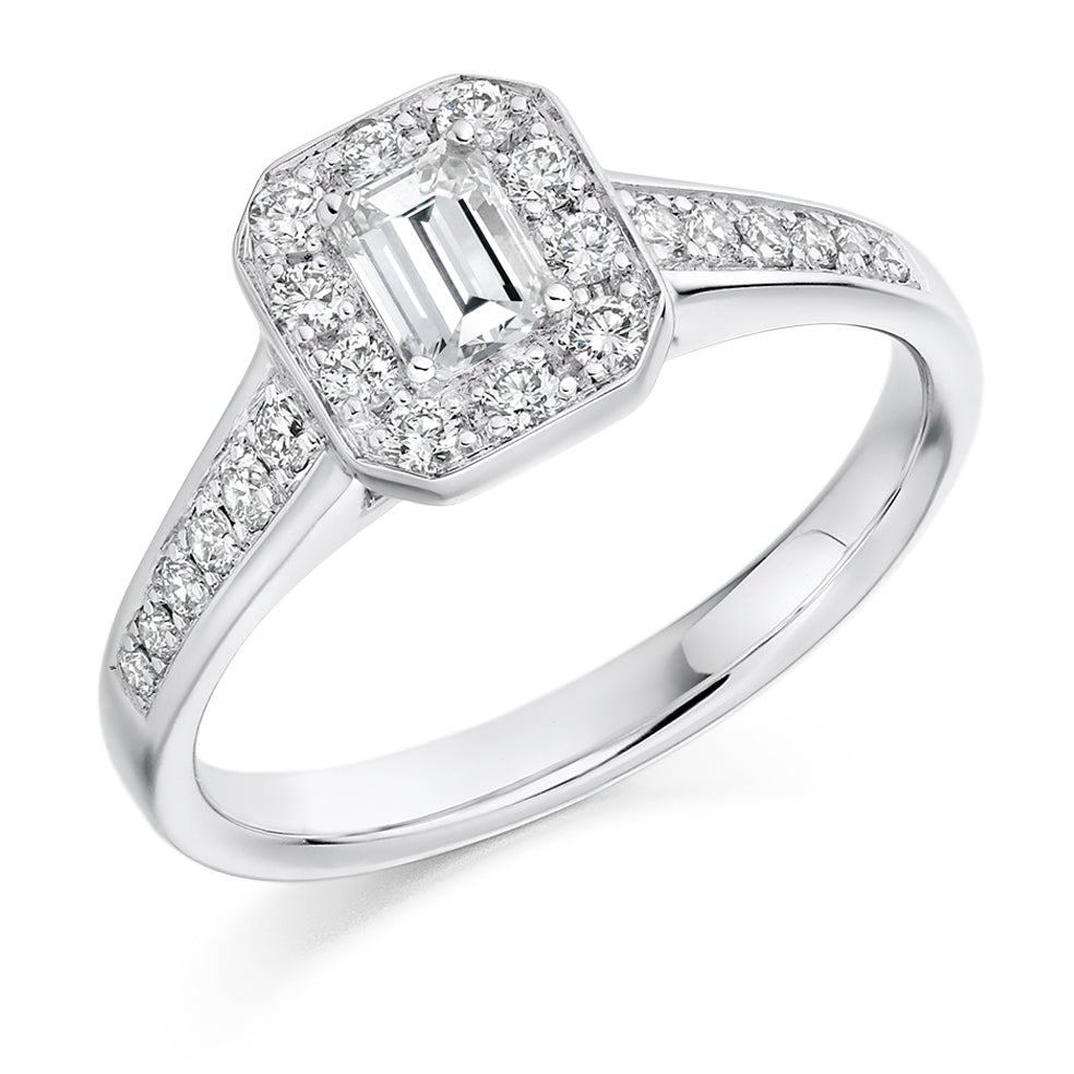 Pavé-Shoulder Halo Emerald-Cut Engagement Ring, 0.33ct (ENG3347 SMT) in White Gold