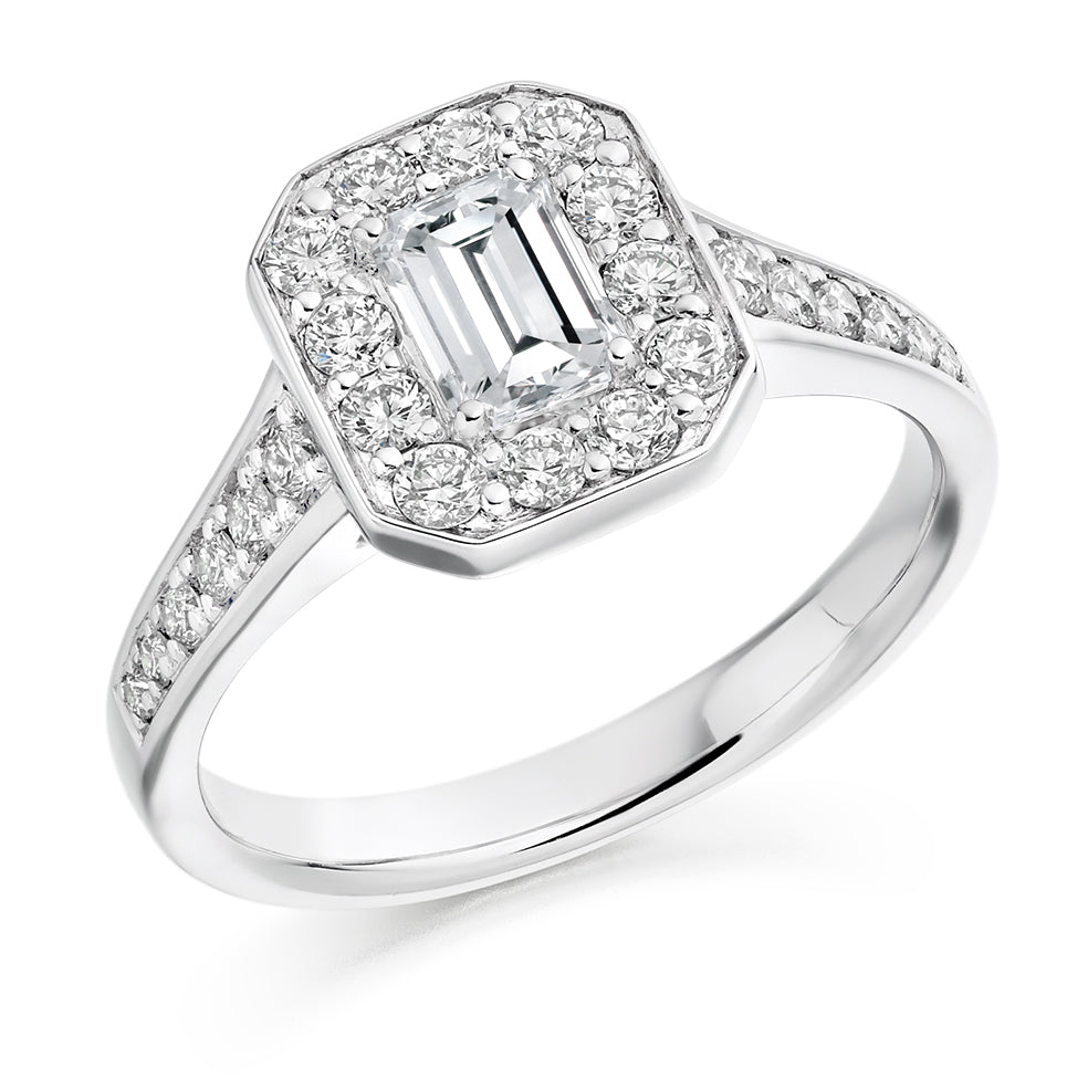 Pavé-Shoulder Halo Emerald-Cut Engagement Ring, 0.75ct (ENG3349 SMT) in White Gold