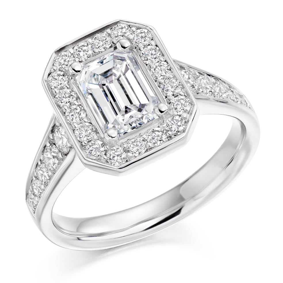 Pavé-Shoulder Halo Emerald-Cut Engagement Ring, 1.5ct in White Gold