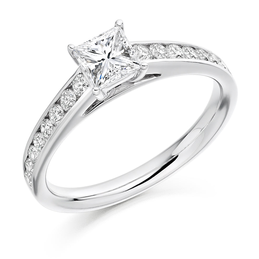 Channel-Shouldered Solitaire Princess Cut Engagement Ring 0.9ct in White Gold