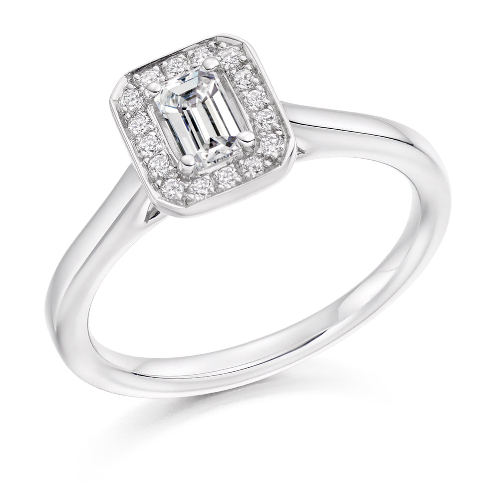 Halo with Plain Shoulders Emerald Cut Engagement Ring in White Gold