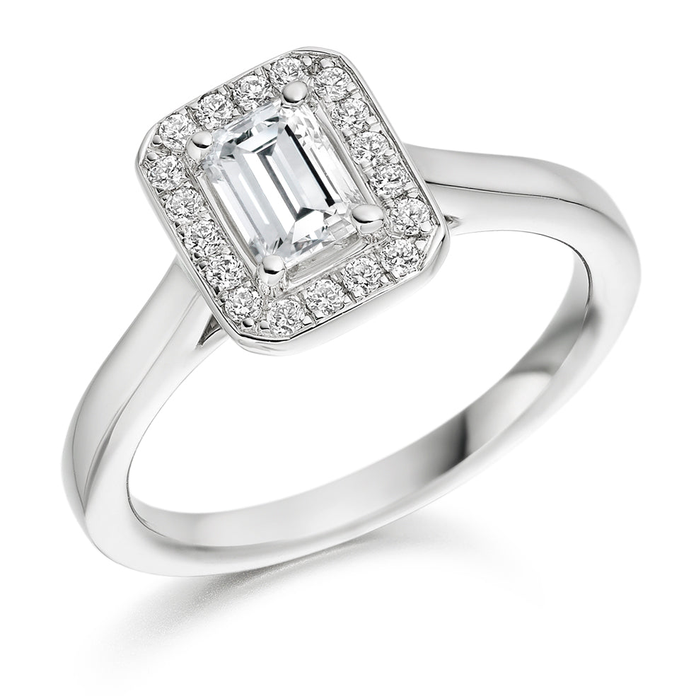 Quiet Halo Emerald Cut Engagement Ring in White Gold