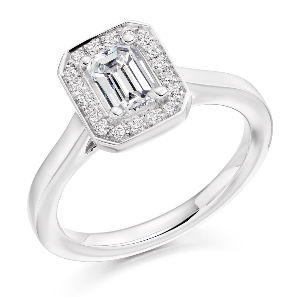 Halo Solitaire Emerald Cut Engagement Ring in White Gold