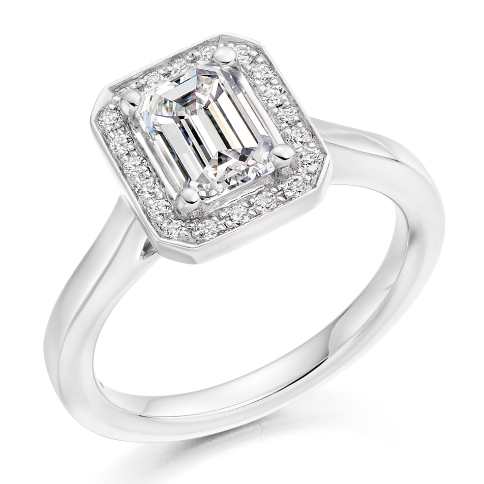 Plain-Band Halo Emerald Cut Engagement Ring in White Gold