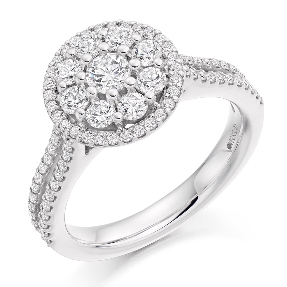 Split-Shoulder Invisible-Set Halo Round-Brilliant Engagement Ring in White Gold