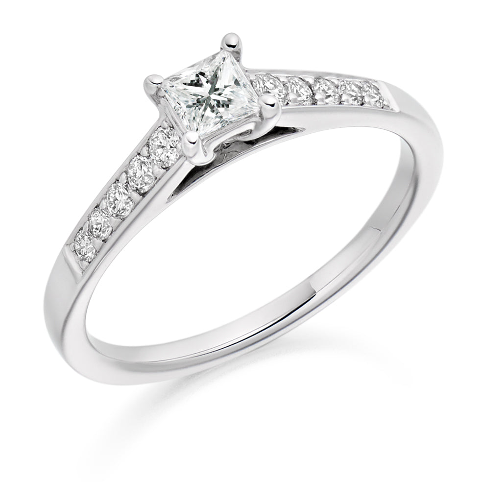 Fine Pavé Solitaire Princess Cut Engagement Ring 0.53ct in White Gold