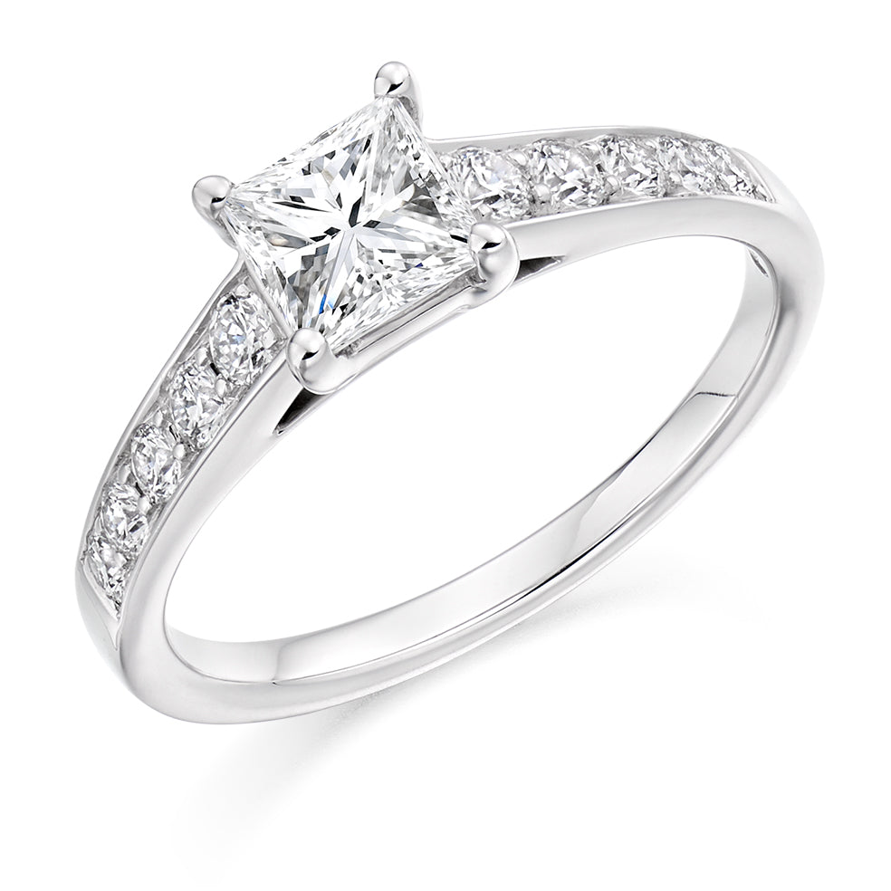 Pavé-Shouldered Solitaire Princess Cut Engagement Ring 0.85ct in White Gold
