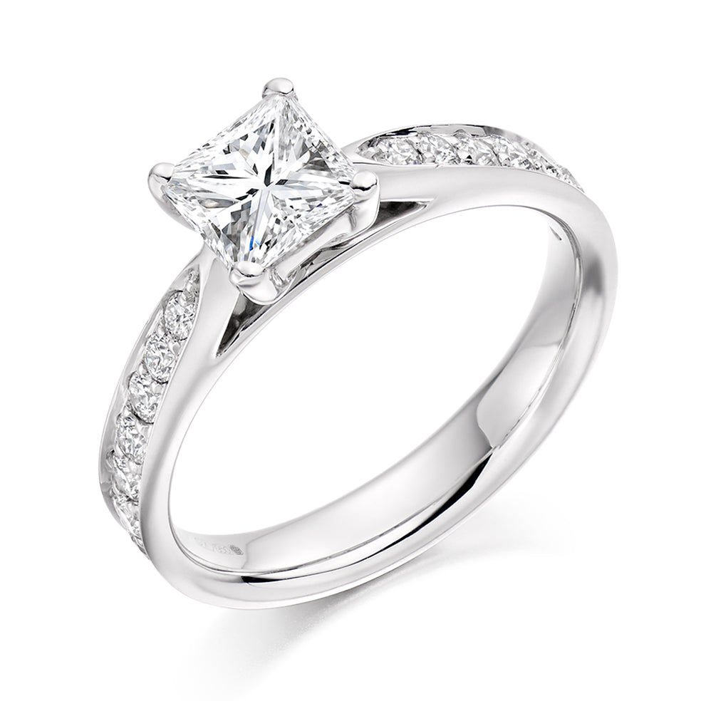 Pavé-Shouldered Solitaire Princess Cut Engagement Ring 0.75ct in White Gold