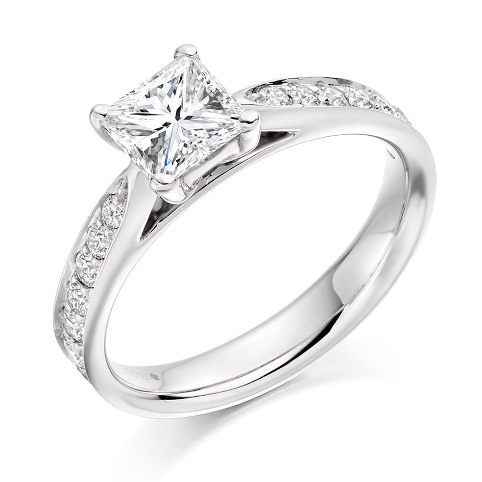 Fine Pavé Solitaire Princess Cut Engagement Ring, 0.75ct in White Gold