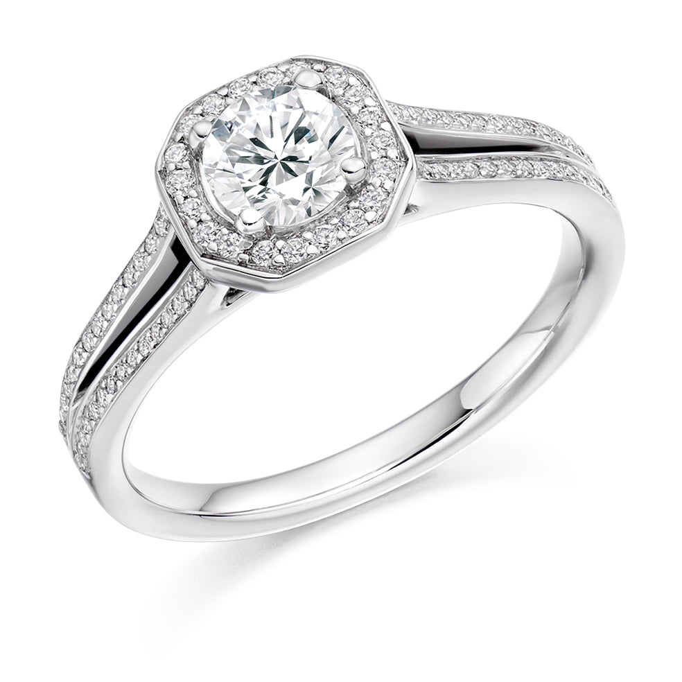 Halo with Split Shoulders Round Brilliant Engagement Ring 0.53ct in White Gold