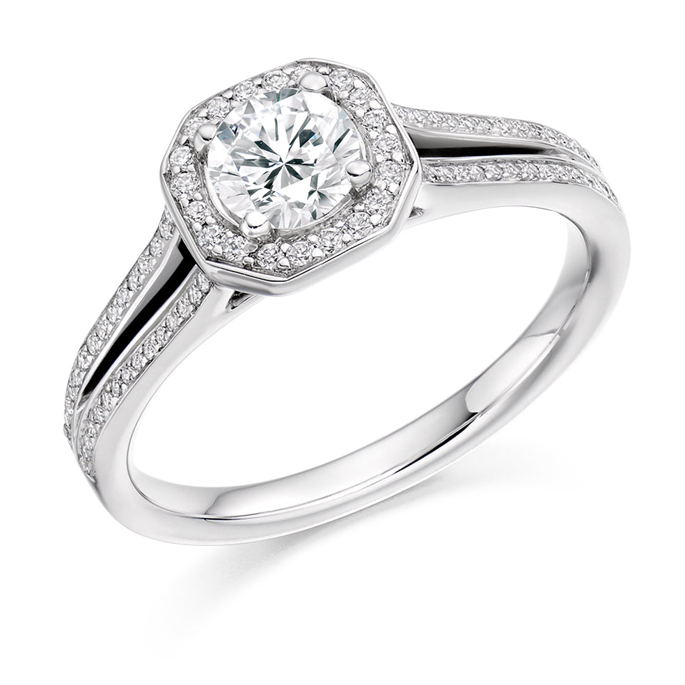 Split-Shoulder Halo Round Brilliant Engagement Ring, 0.5ct in White Gold