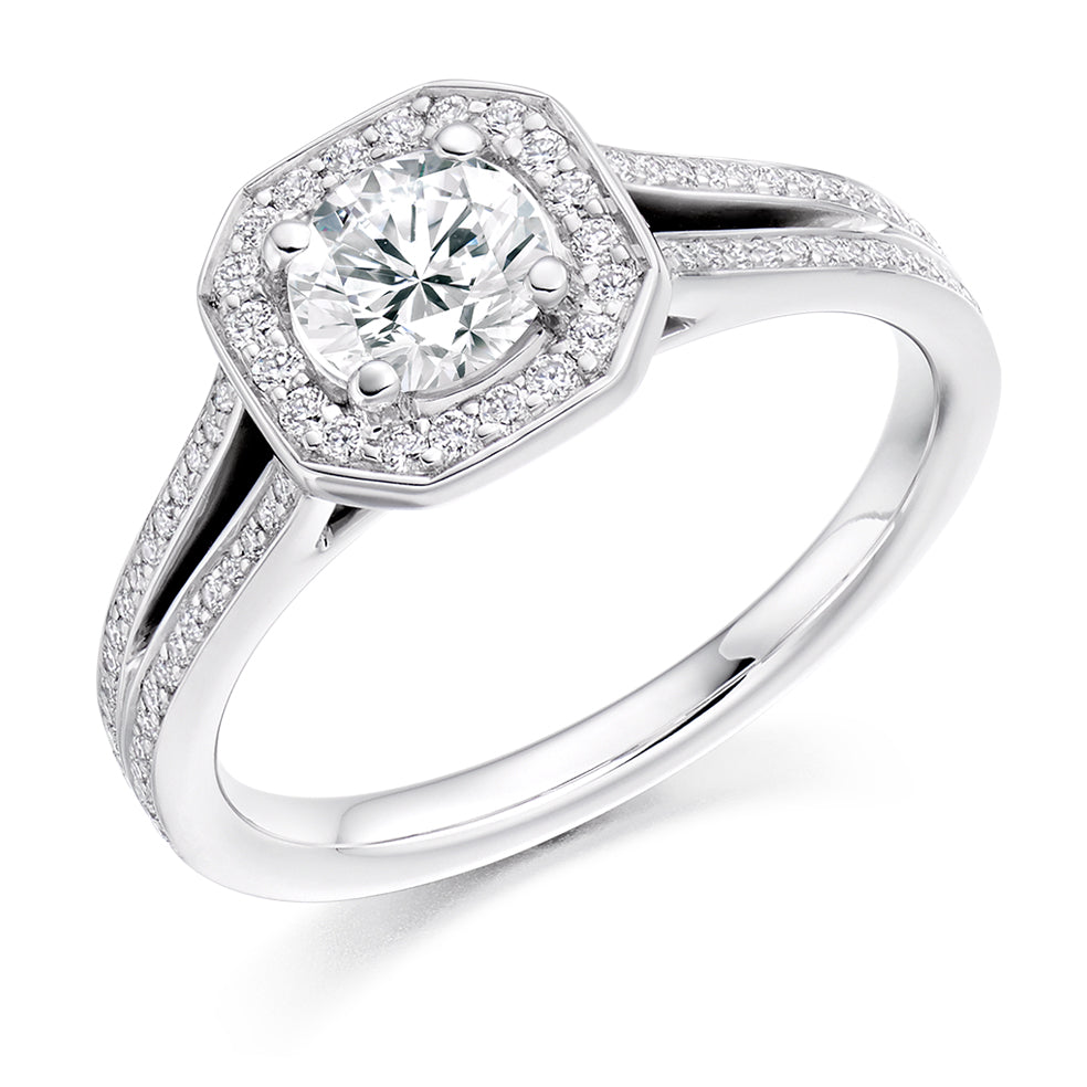 Split-Shoulder Halo Round Brilliant Engagement Ring 1.15ct in White Gold