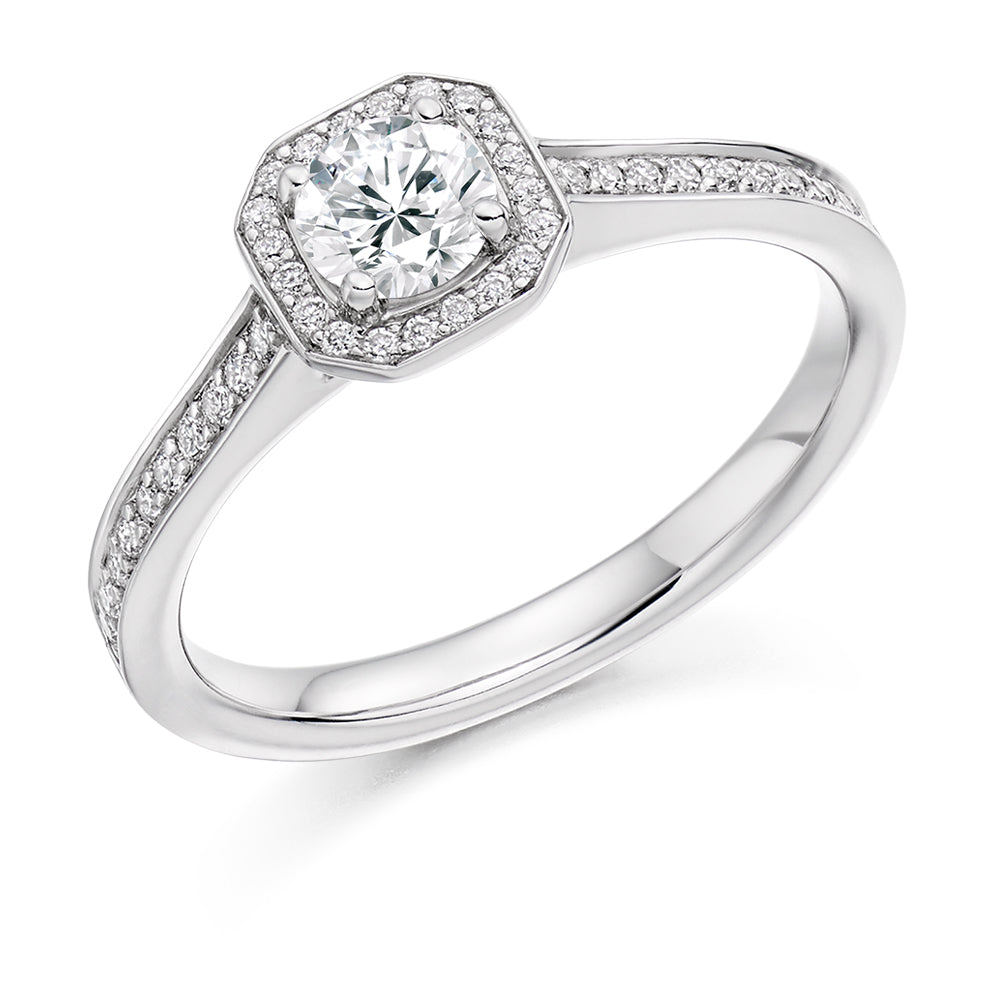 Pavé-Shoulder Halo Round-Brilliant Engagement Ring, 0.33ct (ENG3549 SMT) in White Gold