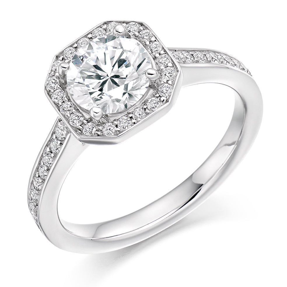 Pavé-Shoulder Halo Round-Brilliant Engagement Ring, 0.9ct (ENG3551 SMT) in White Gold