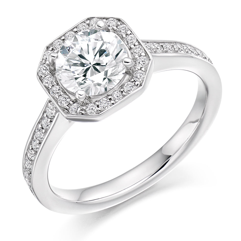 Pavé-Shoulder Halo Round-Brilliant Engagement Ring, 1.0ct (ENG3552 SMT) in White Gold