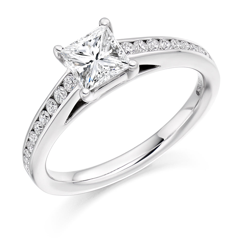 Channel-Shouldered Solitaire Princess Cut Engagement Ring 0.75ct in White Gold