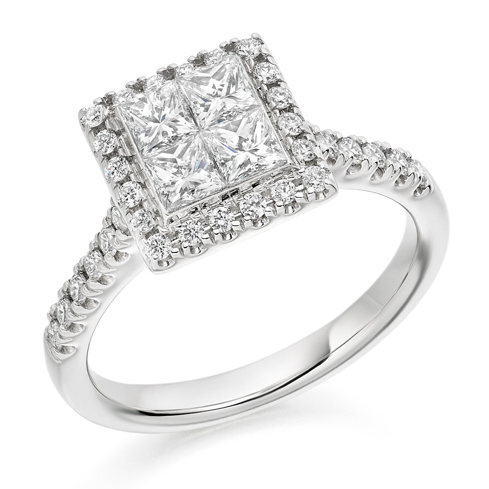Invisible-Set Halo Princess-Cut Engagement Ring, 0.85ct in White Gold
