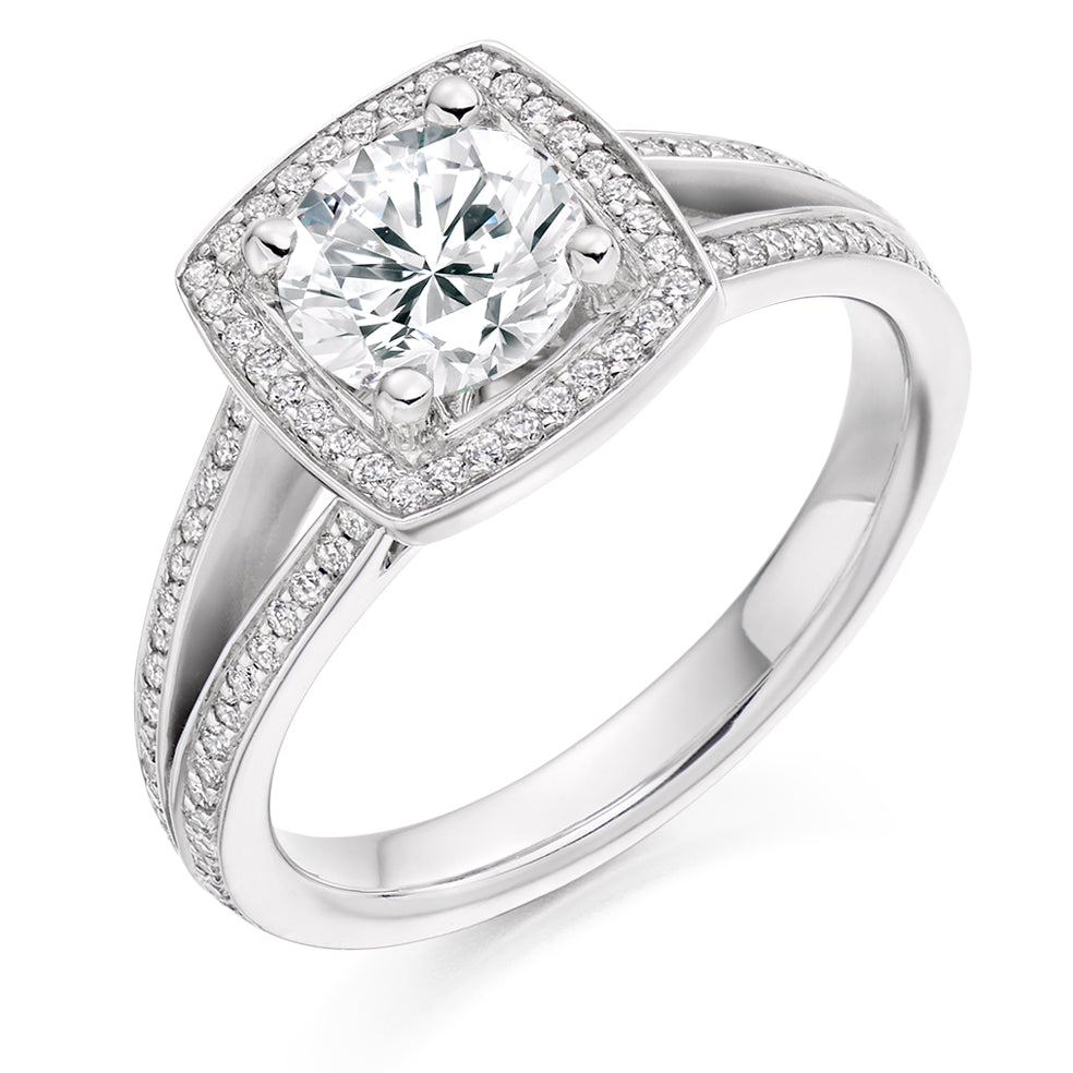 Curved-Shoulder Halo Round Brilliant Engagement Ring 1.0ct total in White Gold