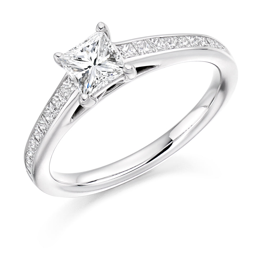 Channel-Shouldered Solitaire Princess Cut Engagement Ring 0.95ct in White Gold