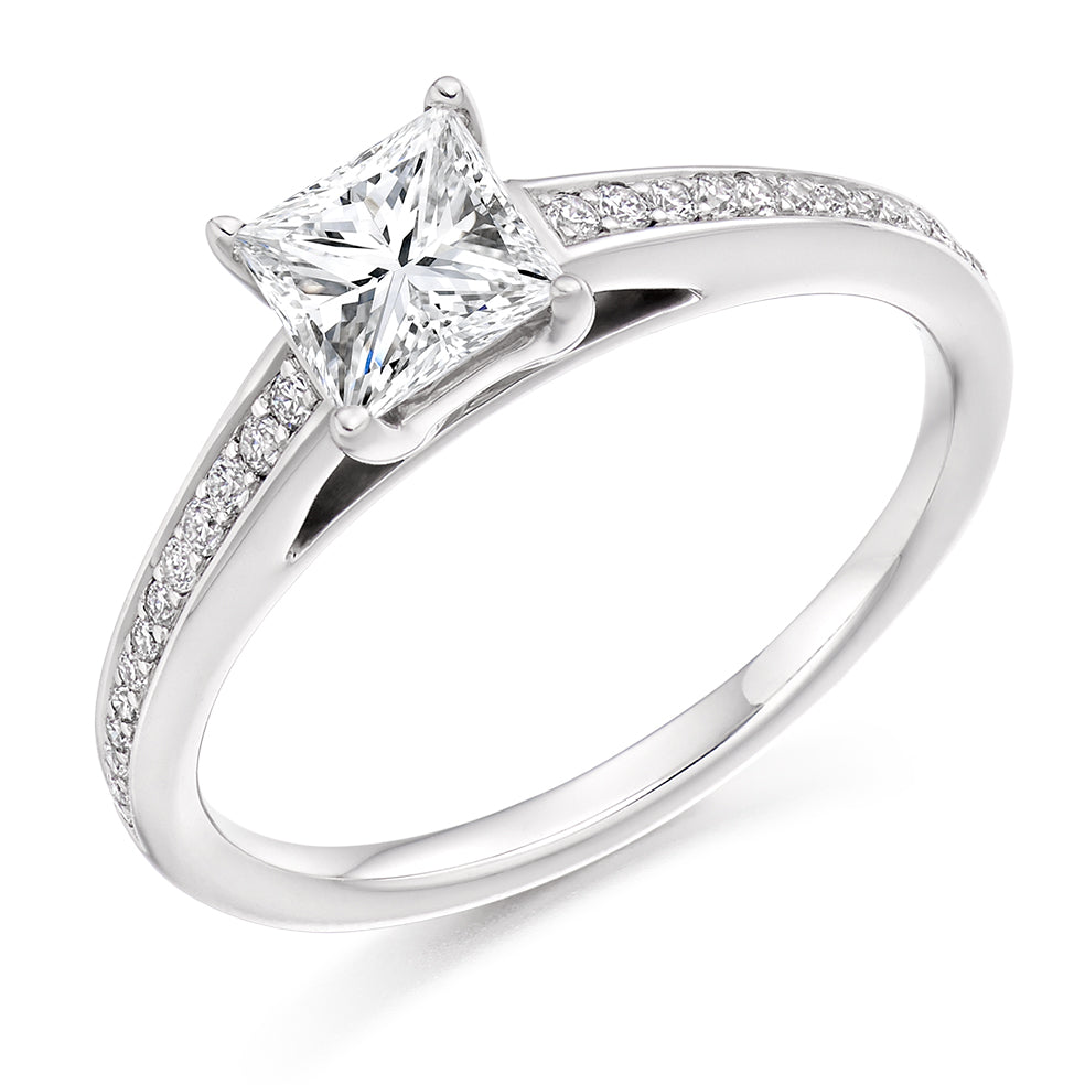 Pavé-Shouldered Solitaire Princess Cut Engagement Ring 0.91ct in White Gold