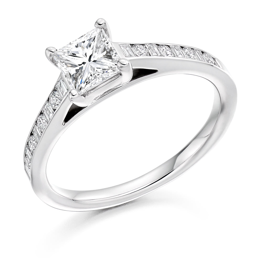 Channel-Shouldered Solitaire Princess Cut Engagement Ring, 0.75ct in White Gold