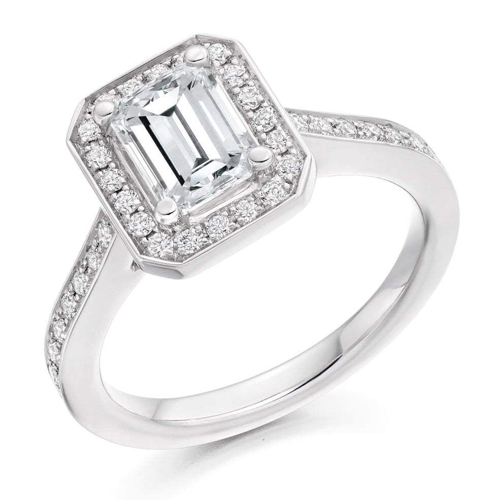Pavé-Shoulder Halo Emerald-Cut Engagement Ring, 1.0ct in White Gold