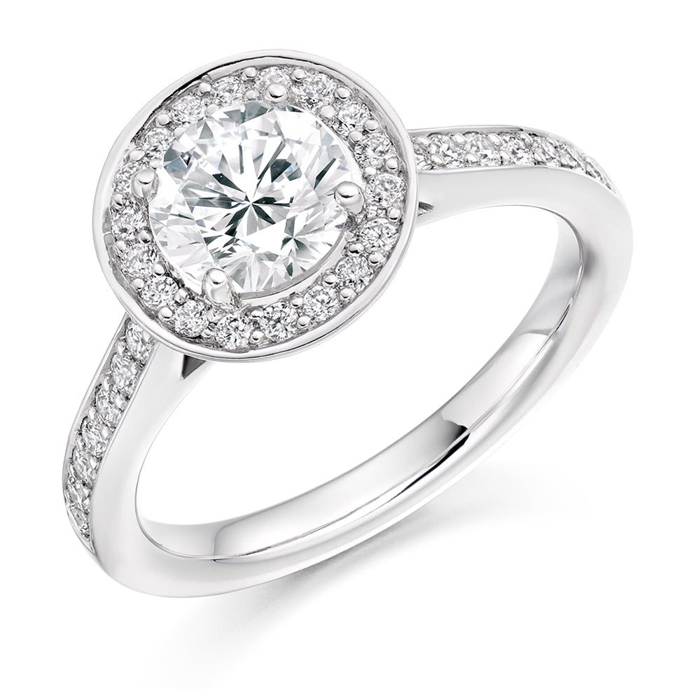 Pavé-Shoulder Halo Round-Brilliant Engagement Ring, 0.9ct (ENG3664 SMT) in White Gold