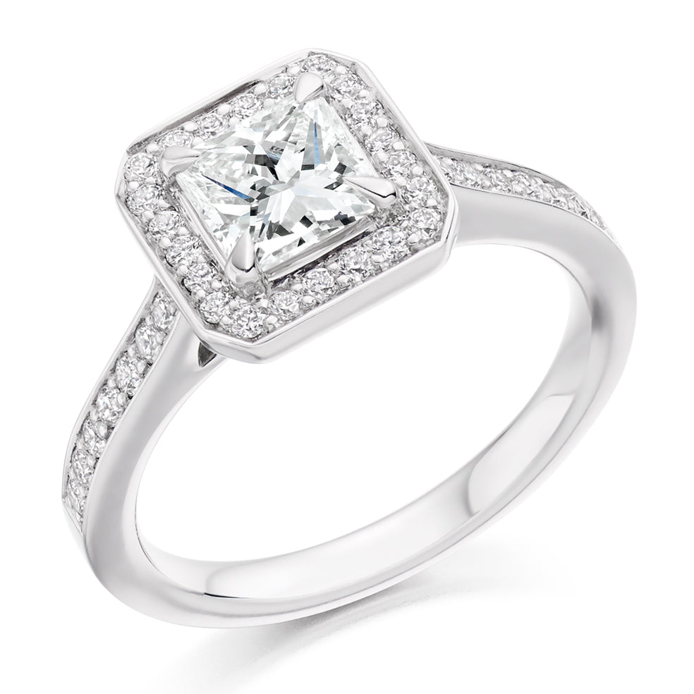 Pavé-Shoulder Halo Princess-Cut Engagement Ring, 1.0ct in White Gold