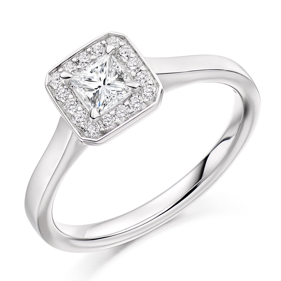 Plain-Band Halo Princess Cut Engagement Ring, 0.33ct in White Gold