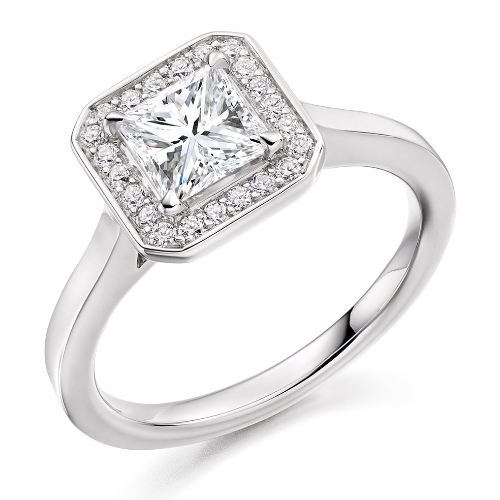 Clean-Shouldered Halo Princess Cut Engagement Ring, 0.75ct in White Gold