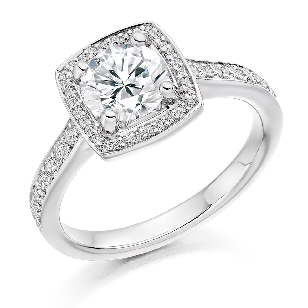 Pavé-Shoulder Halo Round-Brilliant Engagement Ring, 0.9ct (ENG3699 SMT) in White Gold
