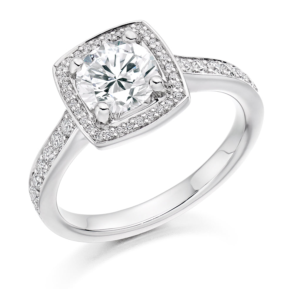 Pavé-Shoulder Halo Round-Brilliant Engagement Ring, 1.0ct (ENG3700 SMT) in White Gold