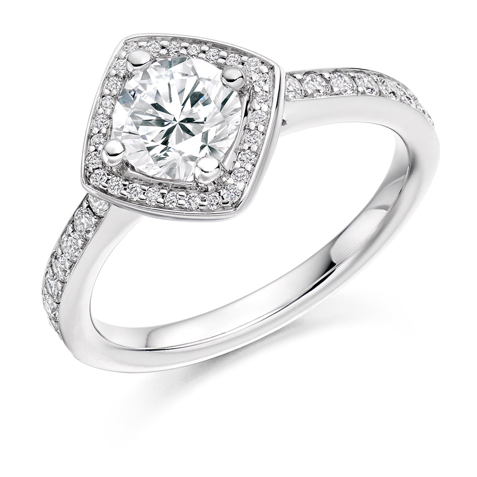 Pavé-Shoulder Halo Round-Brilliant Engagement Ring, 0.9ct (ENG3704 SMT) in White Gold