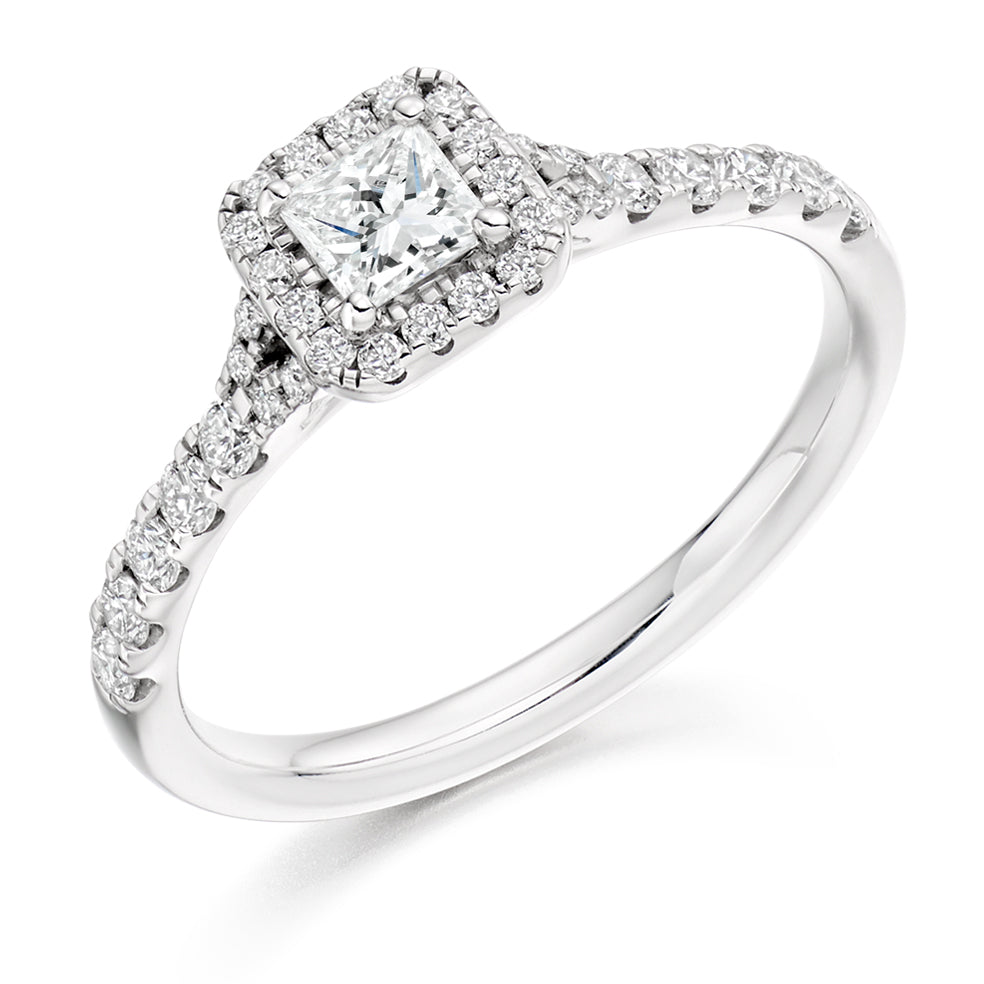 Pavé-Shoulder Halo Split-Shoulder Princess-Cut Engagement Ring, 0.25ct in White Gold