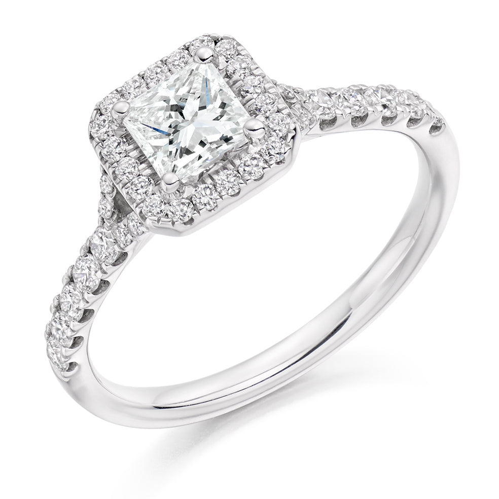 Pavé-Shoulder Halo Split-Shoulder Princess-Cut Engagement Ring, 0.5ct in White Gold