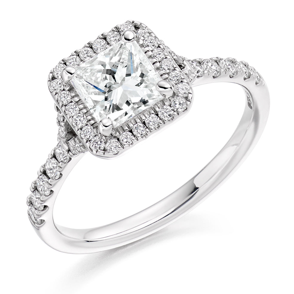 Pavé-Shoulder Halo Split-Shoulder Princess-Cut Engagement Ring, 1.0ct in White Gold