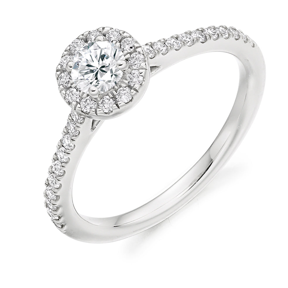 Diamond-Shouldered Halo Round Brilliant Engagement Ring in White Gold