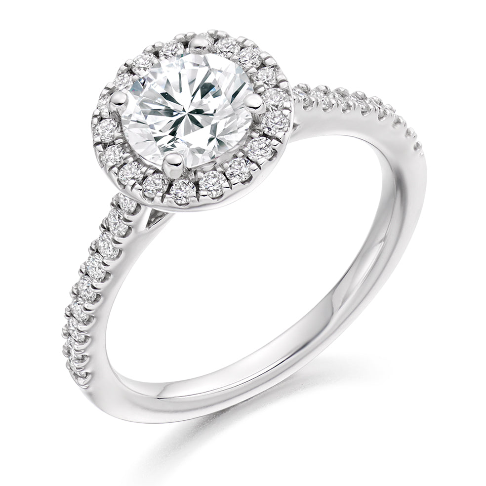 Halo with Diamond Shoulders Round Brilliant Engagement Ring, 0.9ct in White Gold