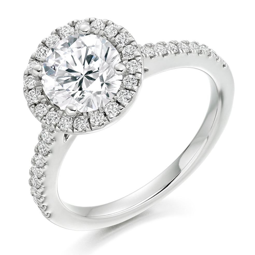 Halo with Diamond Shoulders Round Brilliant Engagement Ring, 1.5ct in White Gold