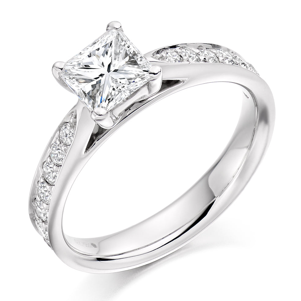 Pavé-Shouldered Solitaire Princess Cut Engagement Ring 0.75ct total in White Gold