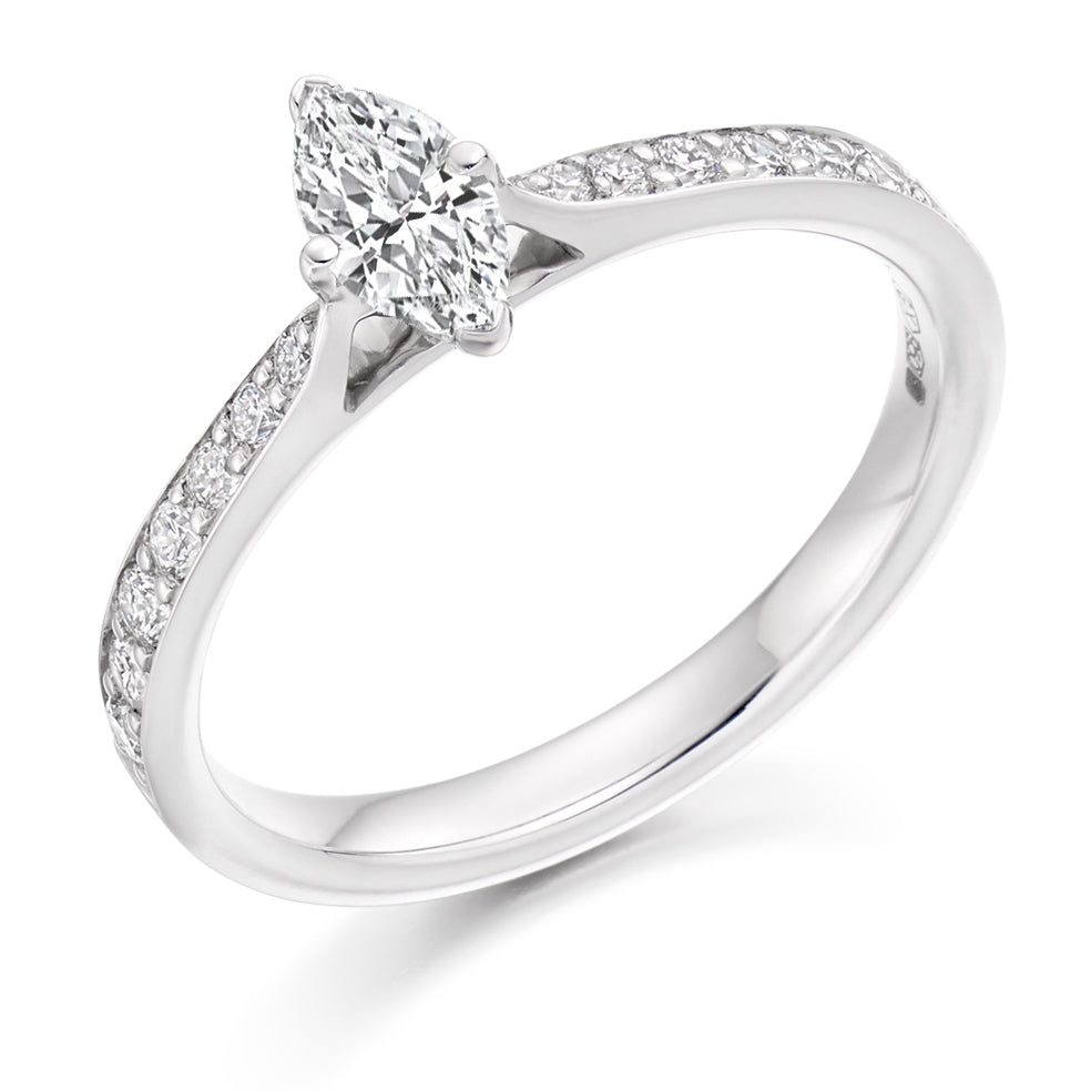 Pavé-Shouldered Solitaire Marquise Cut Engagement Ring, 0.33ct in White Gold