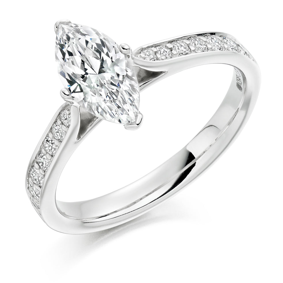 Fine Pavé Solitaire Marquise Cut Engagement Ring in White Gold