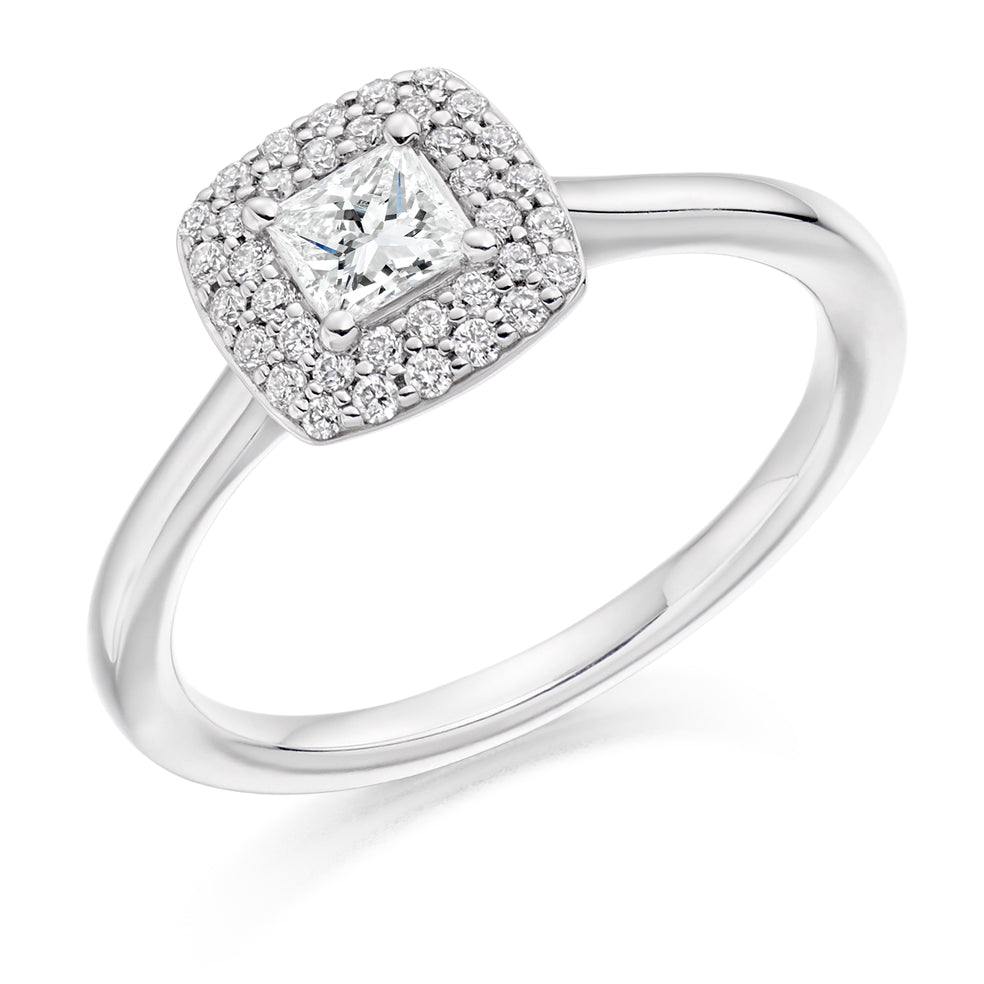 Plain-Band Halo Princess Cut Engagement Ring 0.53ct in White Gold