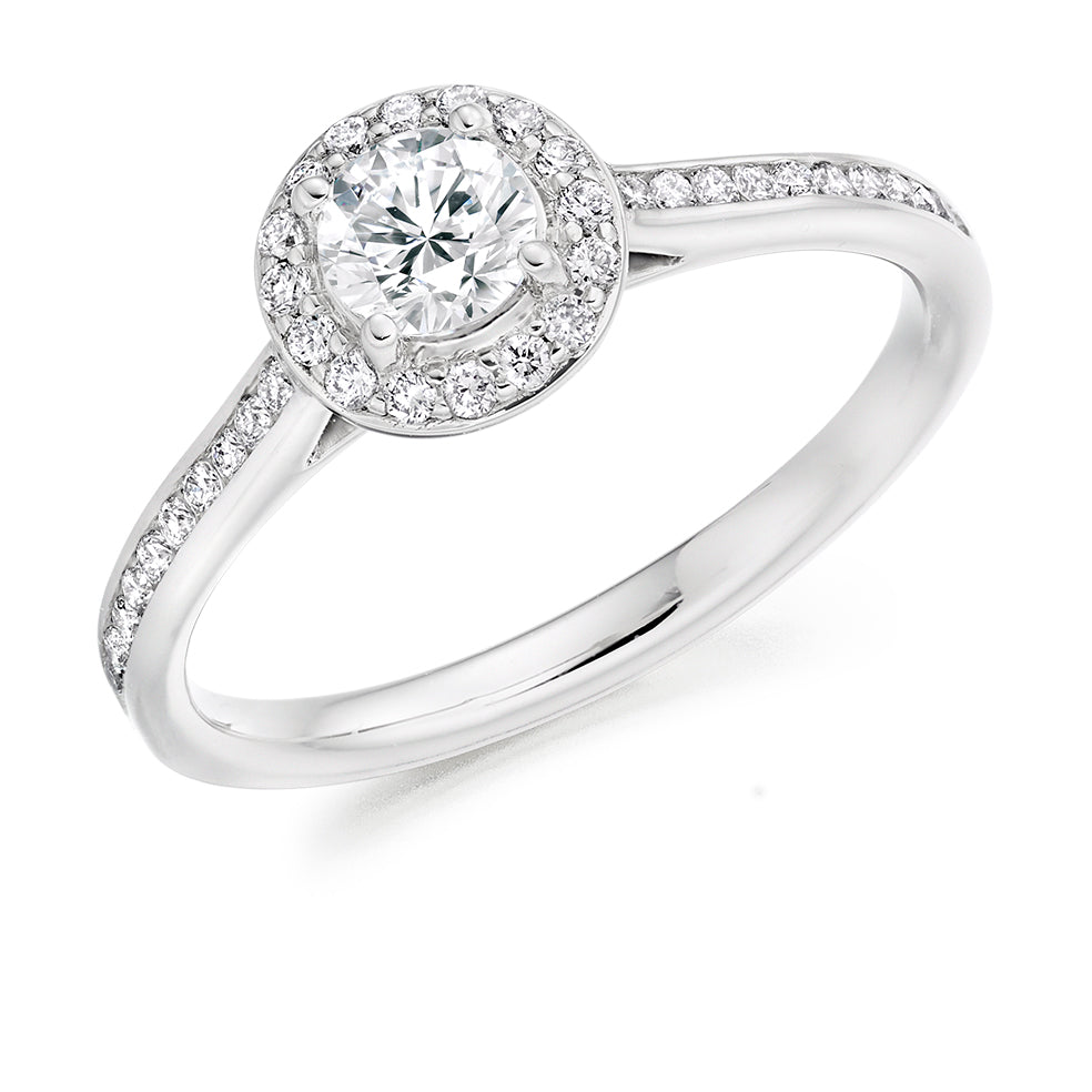 Pavé-Shoulder Halo Round-Brilliant Engagement Ring, 0.33ct in White Gold