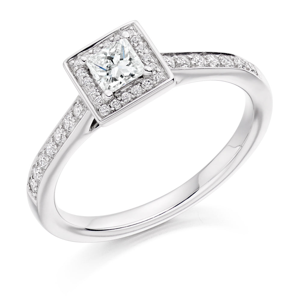 Pavé-Shoulder Halo Princess-Cut Engagement Ring, 0.25ct in White Gold