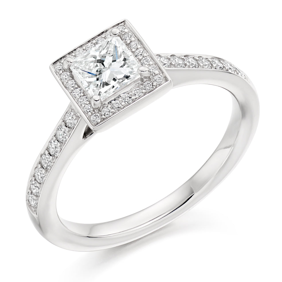 Pavé-Shoulder Halo Princess-Cut Engagement Ring, 0.5ct in White Gold