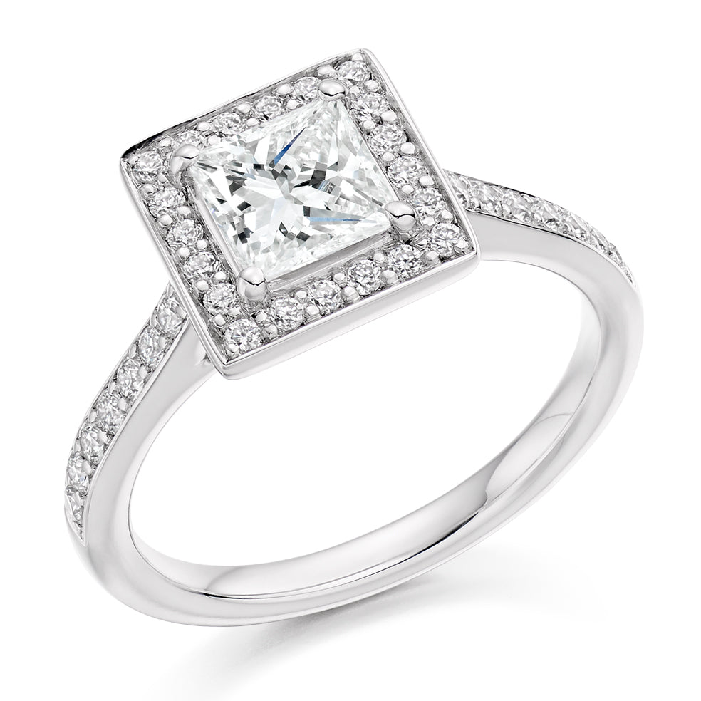 Pavé-Shoulder Halo Princess-Cut Engagement Ring, 0.75ct (ENG3868 SMT) in White Gold