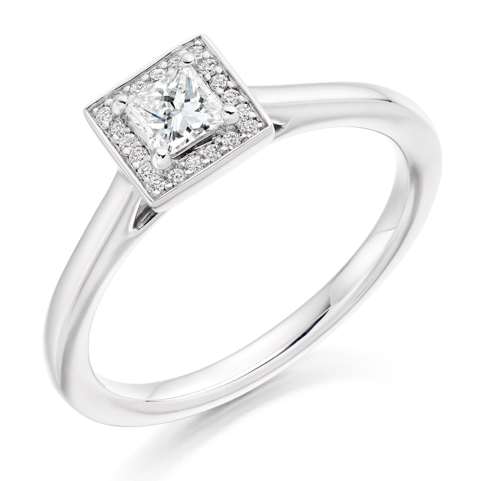 Clean-Shouldered Halo Princess Cut Engagement Ring, 0.25ct in White Gold