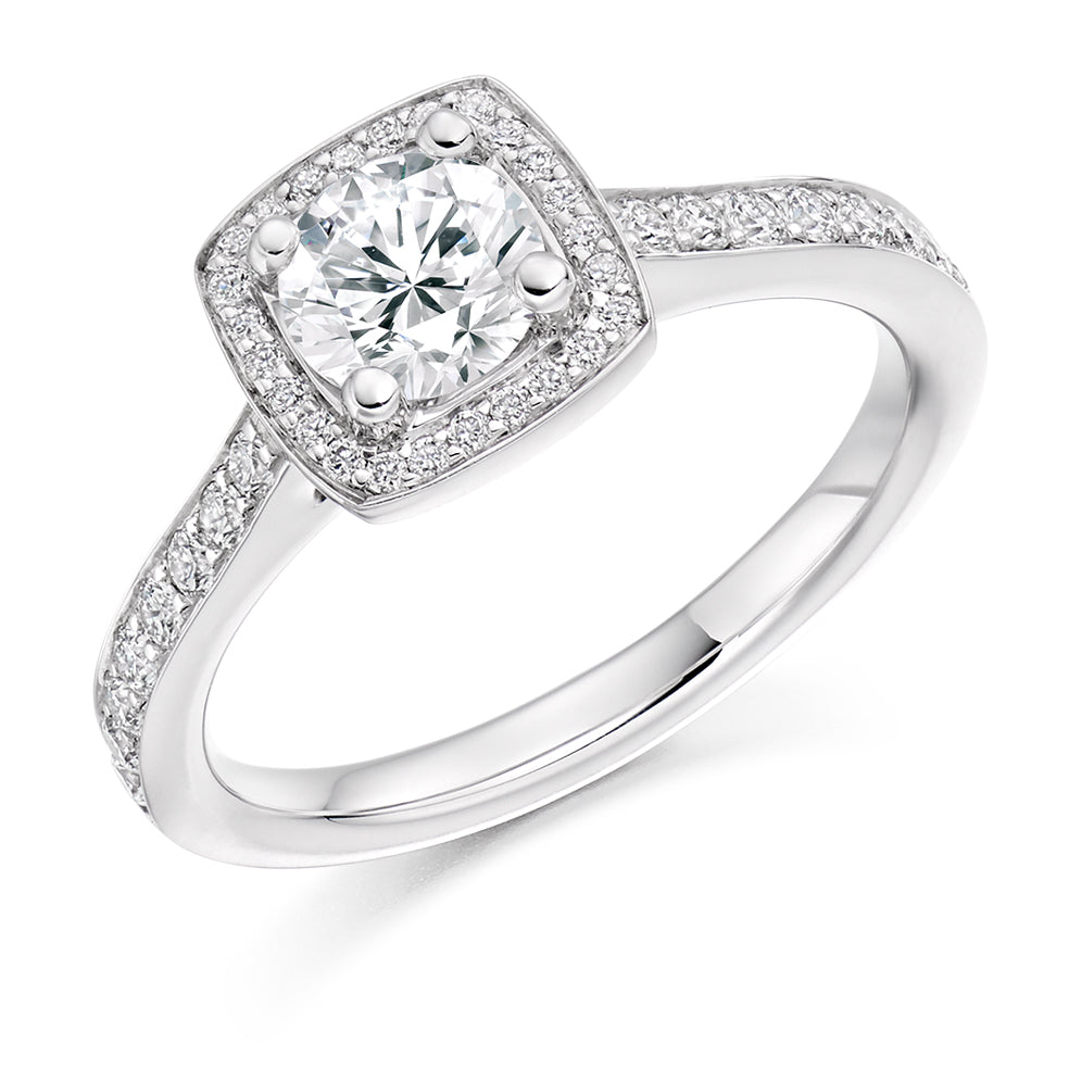 Pavé-Shoulder Halo Round-Brilliant Engagement Ring, 0.75ct (ENG3907 SMT) in White Gold